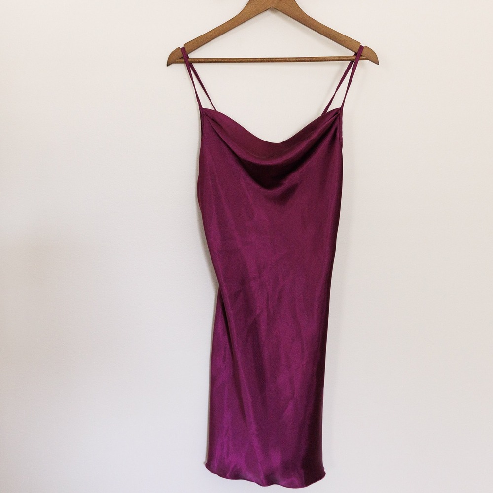 Bebe Satin Cowl Neck Slip Dress Plum Purple Midi Spaghetti Strap 702067SM Medium